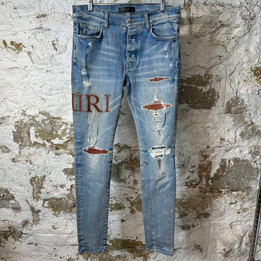 Amiri Brown Leather Spell Blue Denim Jeans Sz 32