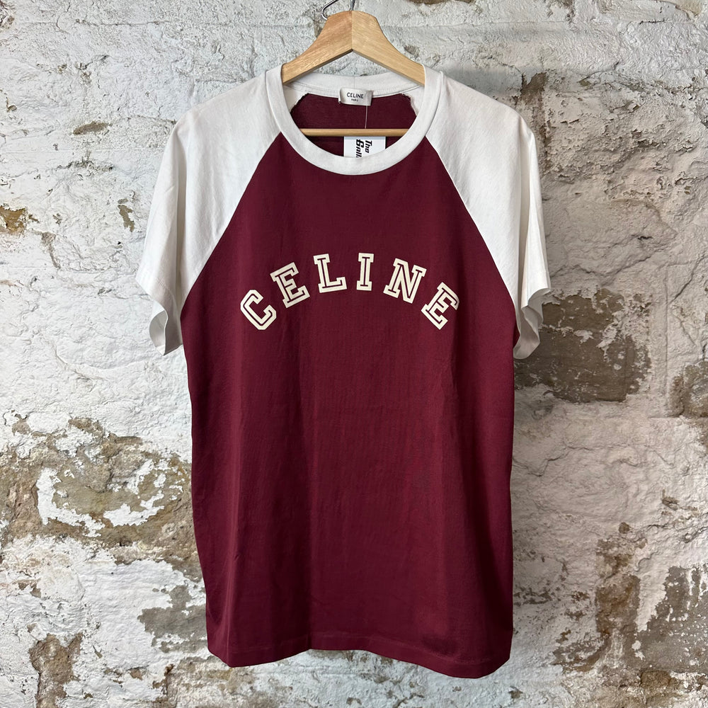 Celine Flocked Logo Maroon T-Shirt Sz S