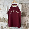 Celine Flocked Logo Maroon T-Shirt Sz S