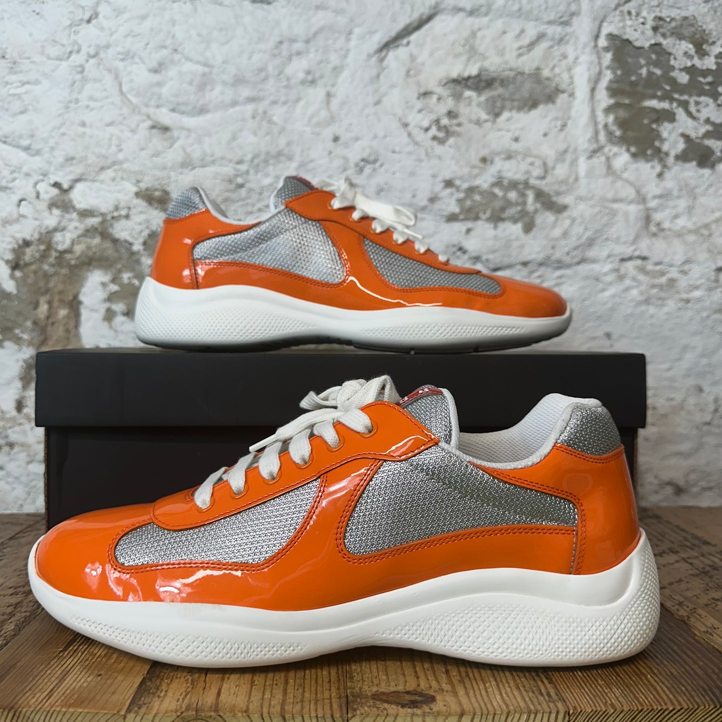 Prada Americas Cup Orange Patent Grey White Sneaker Sz 9.5