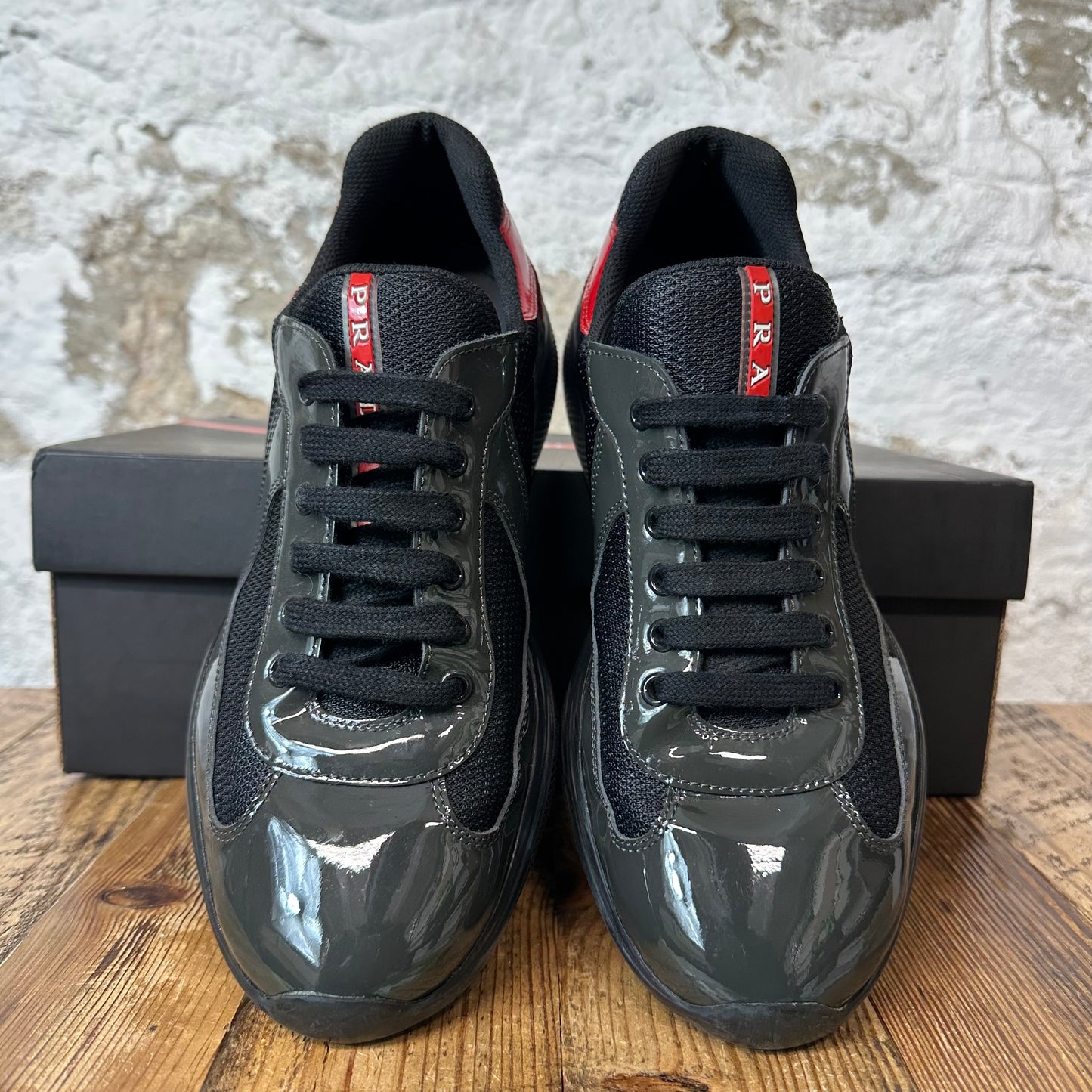 Prada Americas Cup Olive Green Red Patent Sneaker Sz 7.5