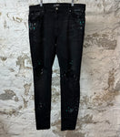 Amiri Knee Rip Paint Splatter Black Denim Jeans Sz 36