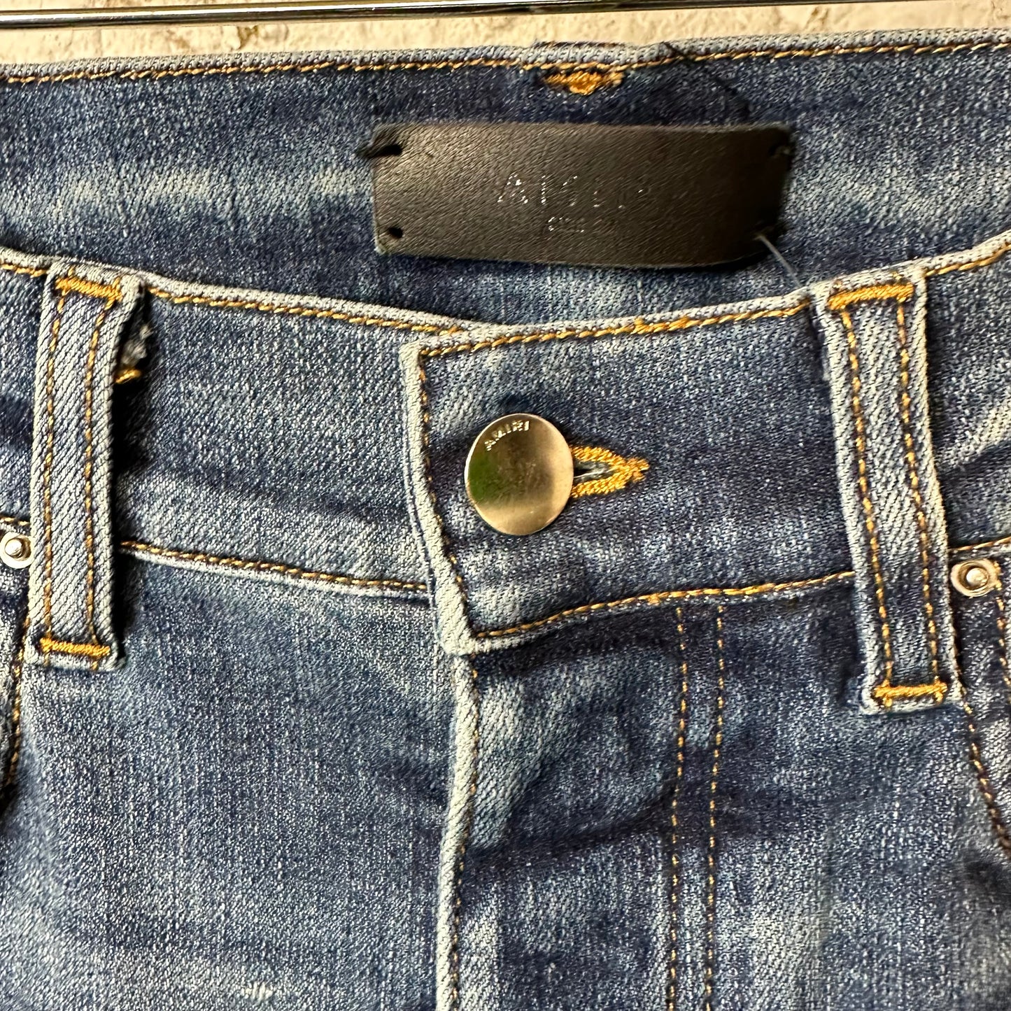 Amiri MX1 Black Leather Dark Blue Denim Jeans Sz 29