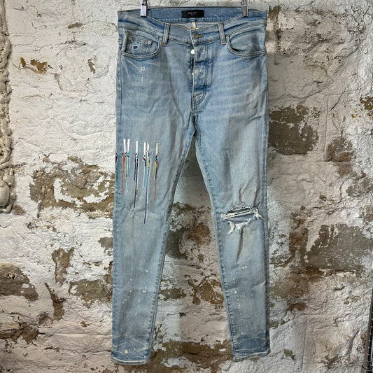 Amiri Knee Hole Paint Drip Spell Blue Denim Jeans Sz 34