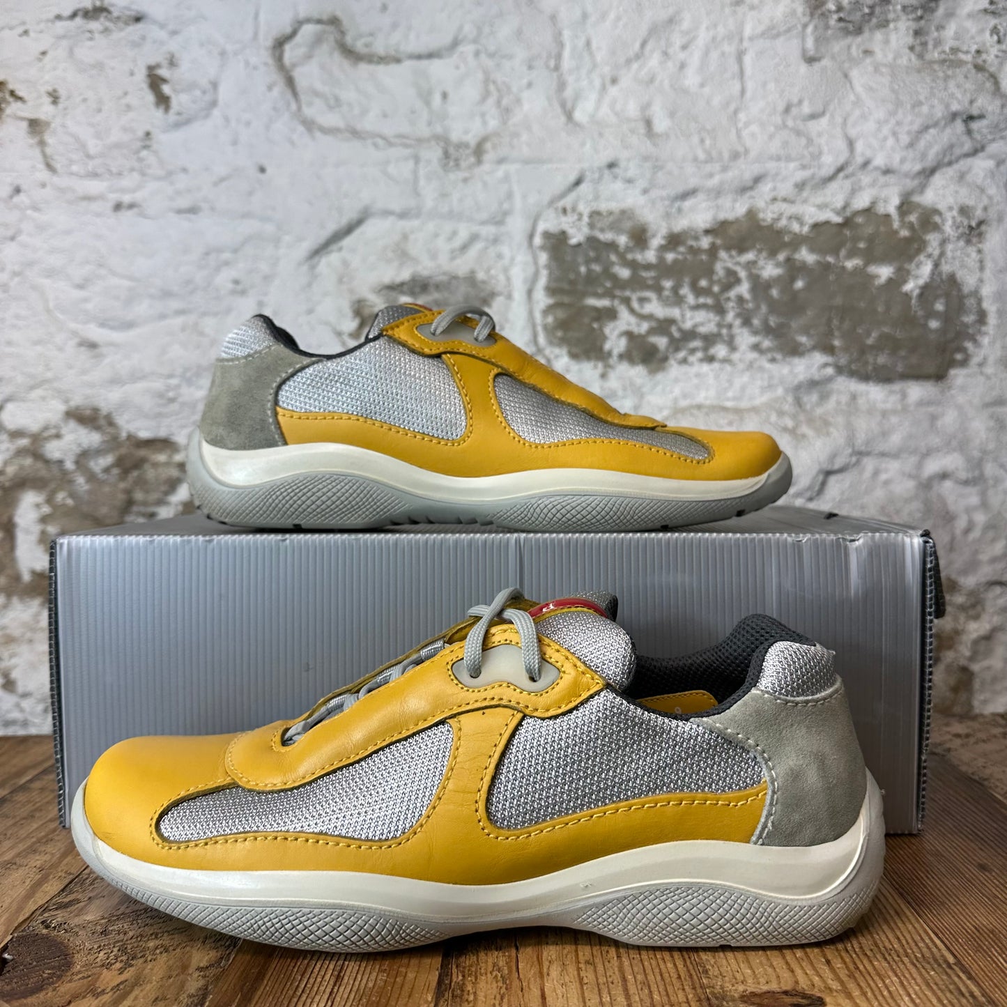 Prada Americas Cup Vintage Yellow Leather Grey Sneaker Sz 9