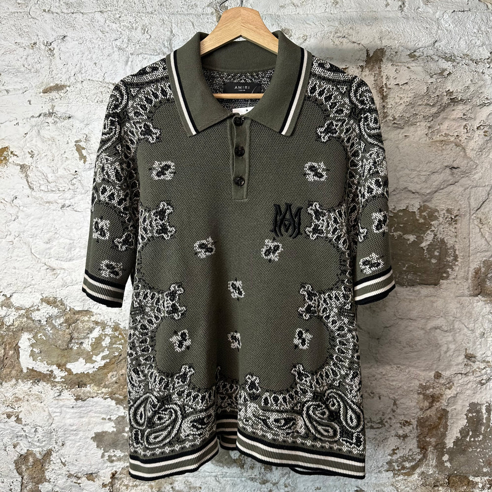 Amiri Olive Paisley Knit Polo Shirt Sz M
