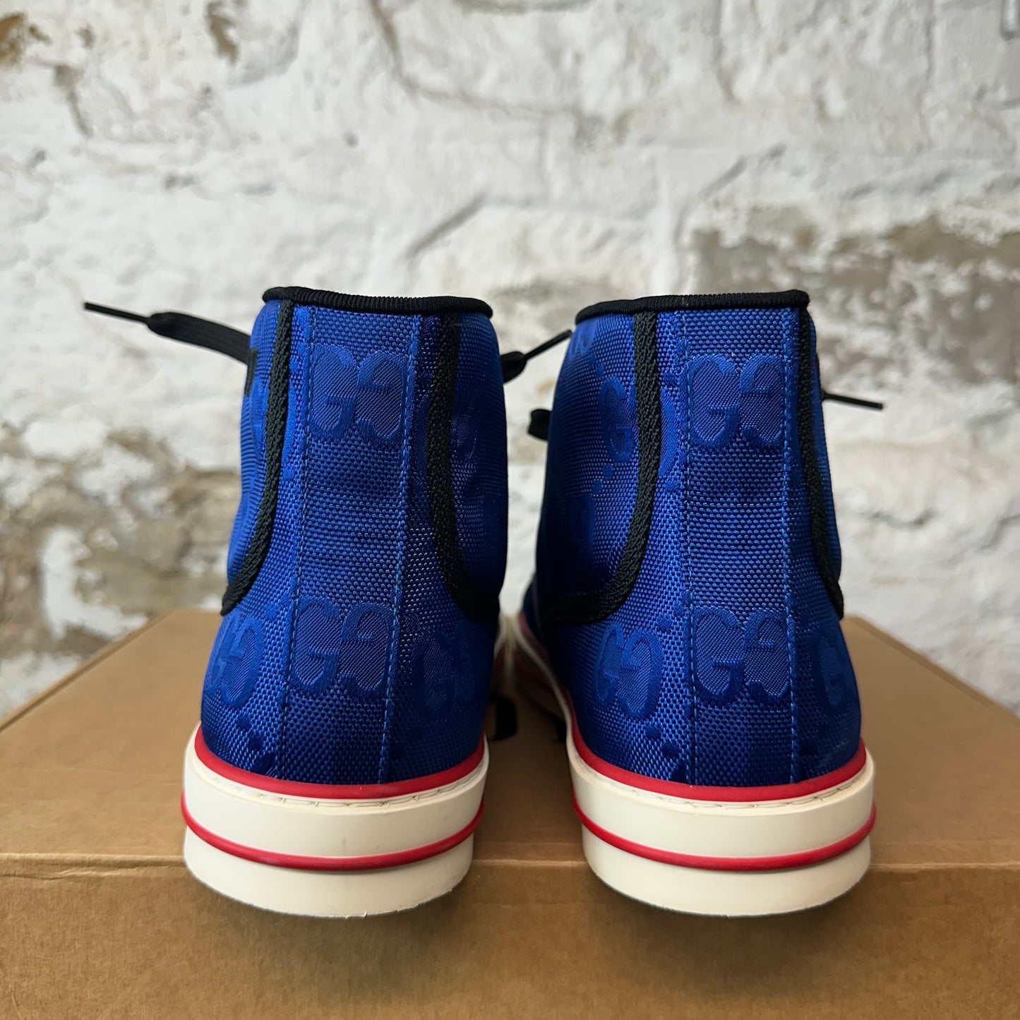 Gucci High Tennis 1977 Blue GG Monogram Nylon Sneaker Sz 9.5