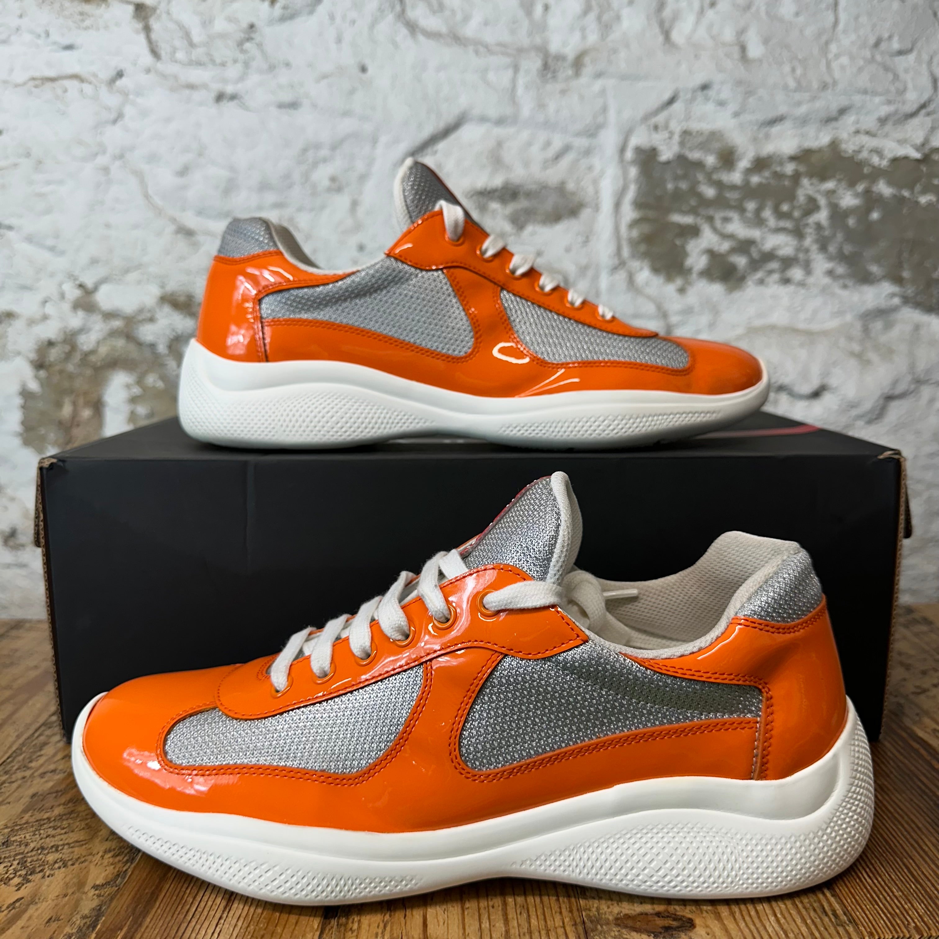 Prada Americas Cup Orange Patent Grey White Sneaker Sz 8
