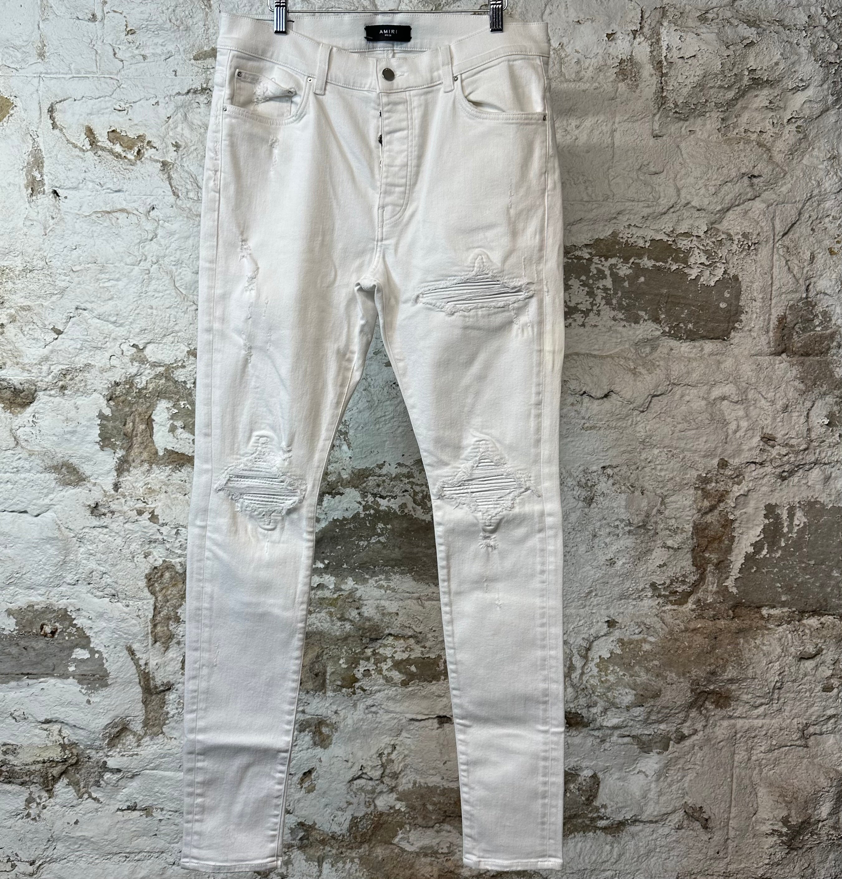 Amiri MX1 White Leather White Denim Jeans Sz 36