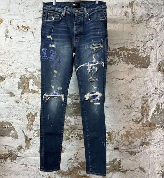 Amiri Purple Old English Spell Dark Blue Denim Jeans Sz 32
