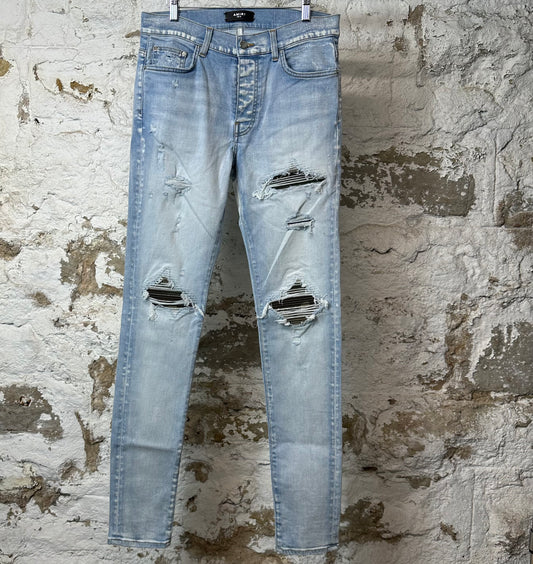 Amiri MX1 Camo Patch Light Blue Denim Jeans Sz 32
