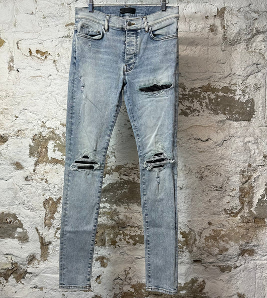 Amiri MX1 Black Leather Blue Denim Jeans Sz 31
