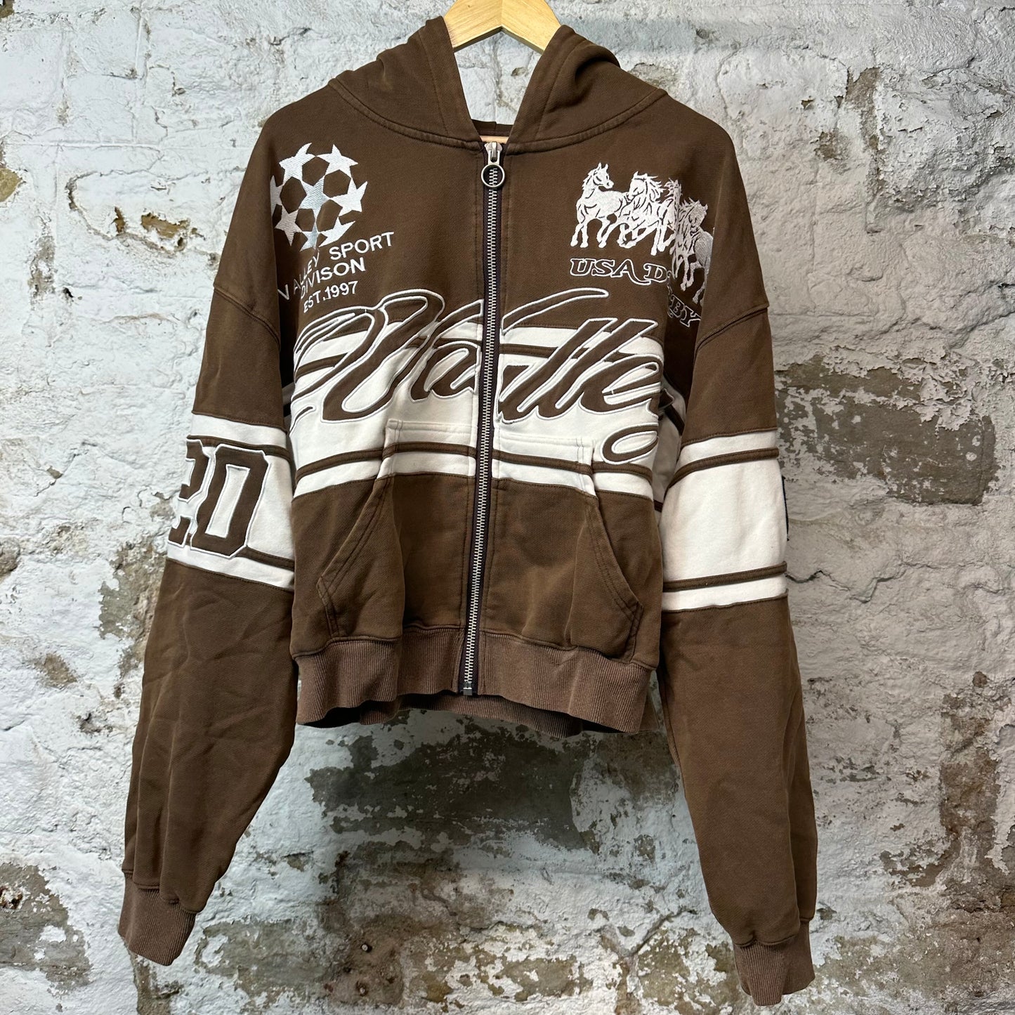 Vale Cursive Zip Up Hoodie Brown Sz M