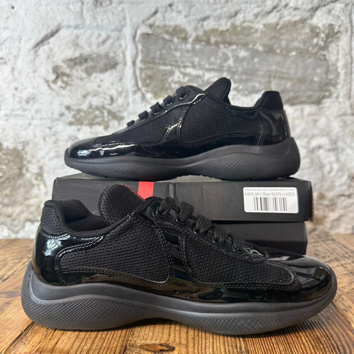 Prada Americas Cup Triple Black Patent Sneaker Sz 5 (37)