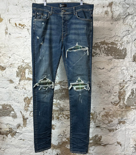 Amiri MX1 Green Plaid Flannel Dark Blue Denim Jeans Sz 36