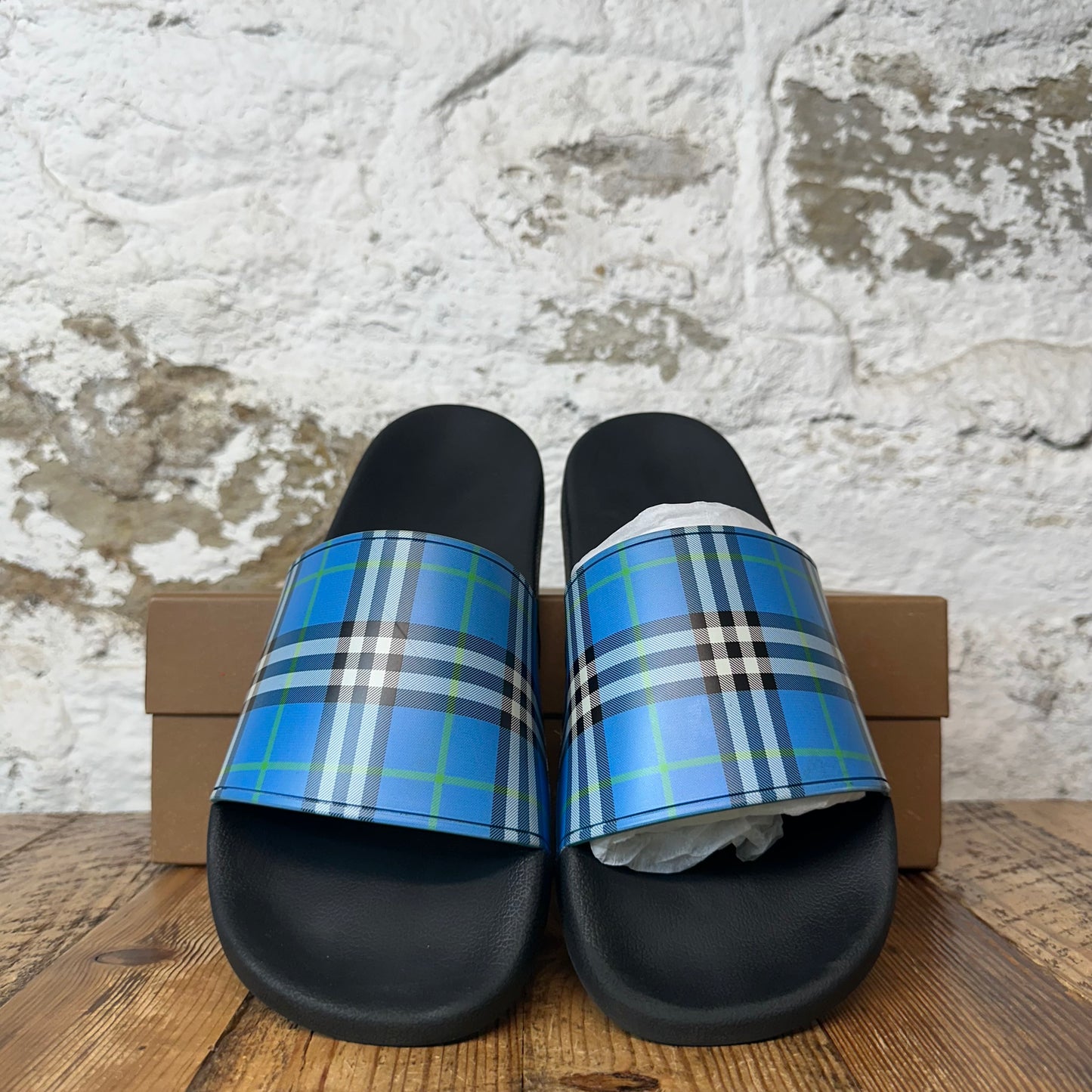 Burberry Blue Plaid Black Slides Sz 12 (45)