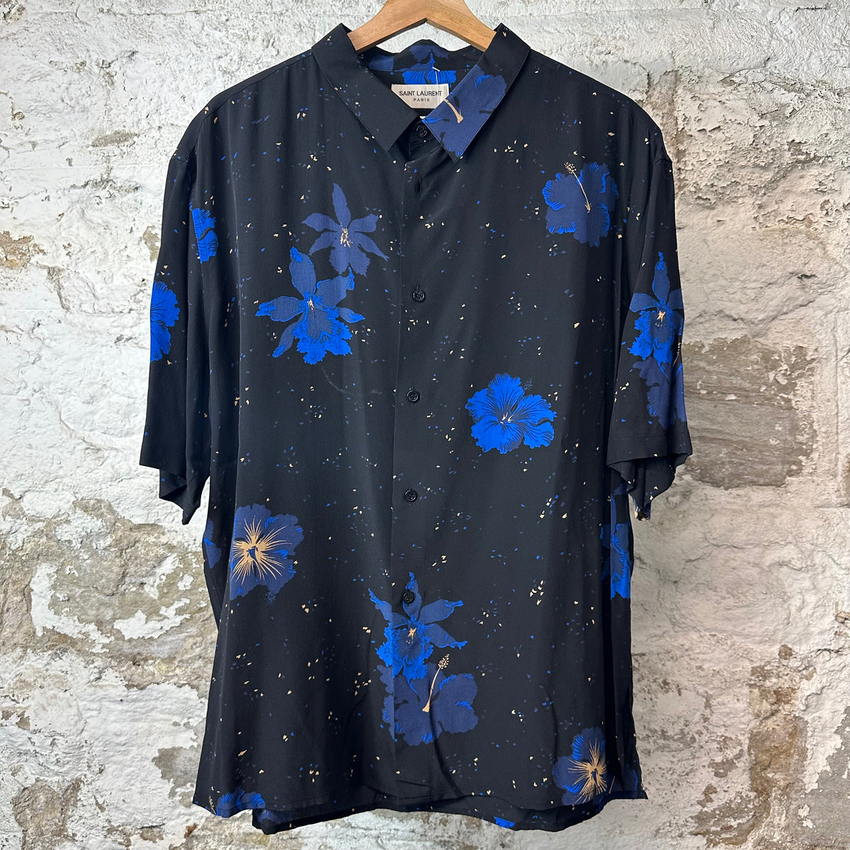 Saint Laurent Confetti Hibiscus Black Button Up Shirt Sz XL