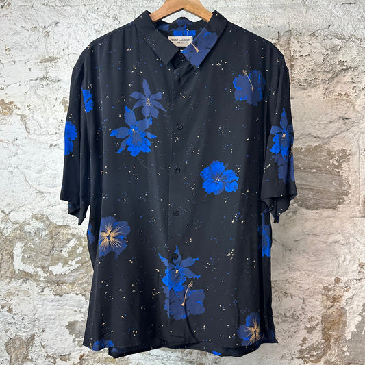 Saint Laurent Confetti Hibiscus Black Button Up Shirt Sz XL