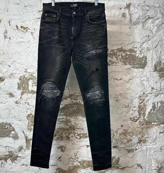 Amiri MX1 Grey Paisley Faded Black Denim Jeans Sz 32