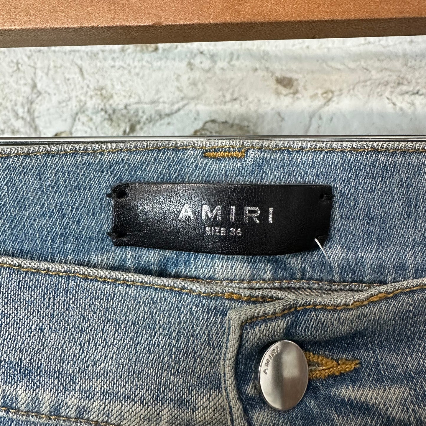 Amiri MX1 Cream Suede Blue Denim Jeans Sz 36
