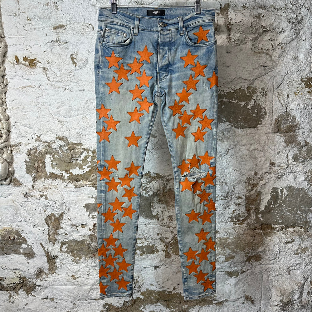 Amiri Orange Leather Star Chemist Blue Denim Jeans Sz 30