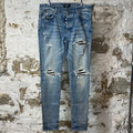 Amiri MX1 Black Leather Blue Denim Jeans Sz 36