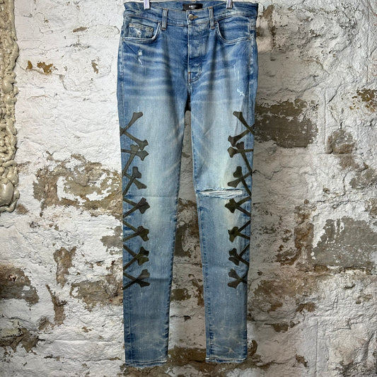 Amiri Green Camo Bones Blue Denim Jeans Sz 32