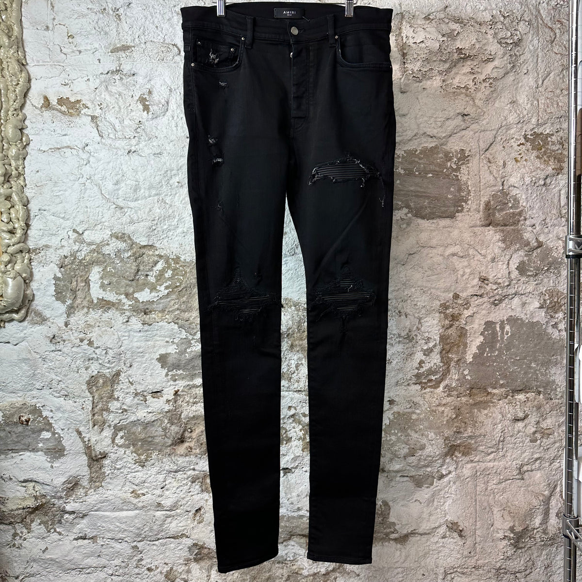 Amiri MX1 Black Leather Black Denim Jeans Sz 34