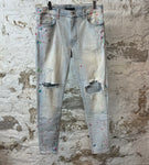 Amiri Paint Splatter Knee Rip Blue Denim Jeans Sz 34