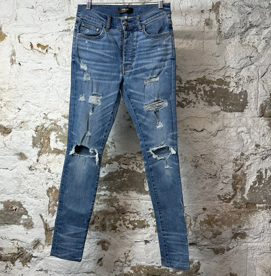 Amiri Knee Hole Distressed Blue Denim Jeans Sz 31