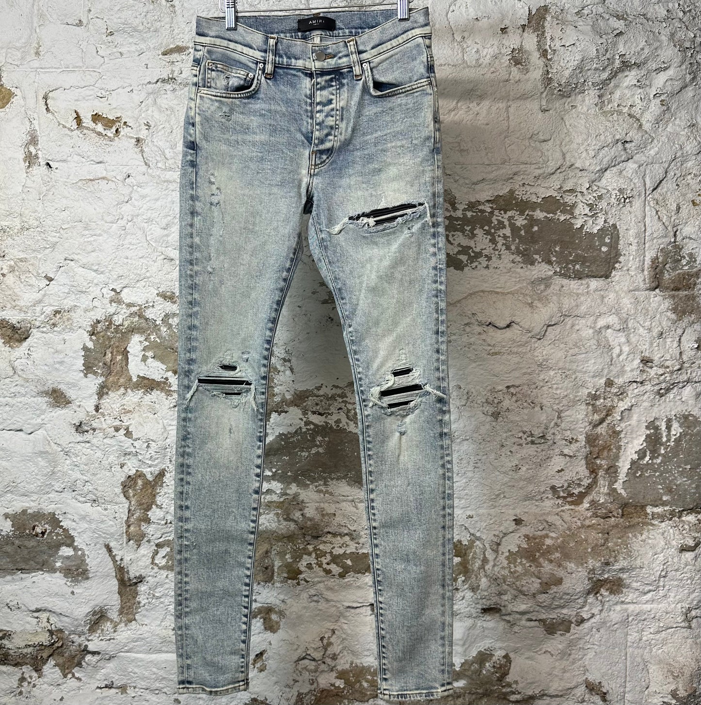 Amiri MX1 Black Leather Washed Blue Denim Jeans Sz 29