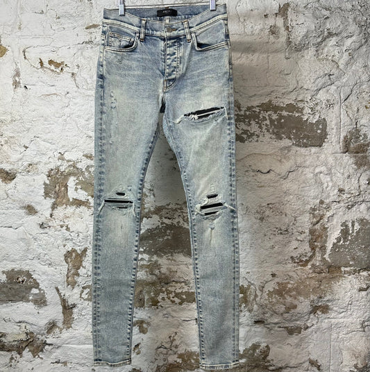 Amiri MX1 Black Leather Washed Blue Denim Jeans Sz 29