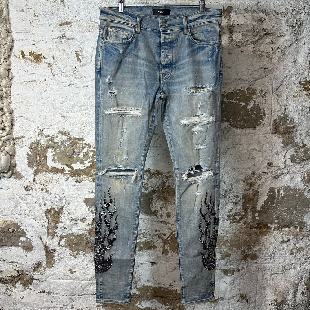 Amiri Black Brown Paisley Flame Blue Denim Jeans Sz 32