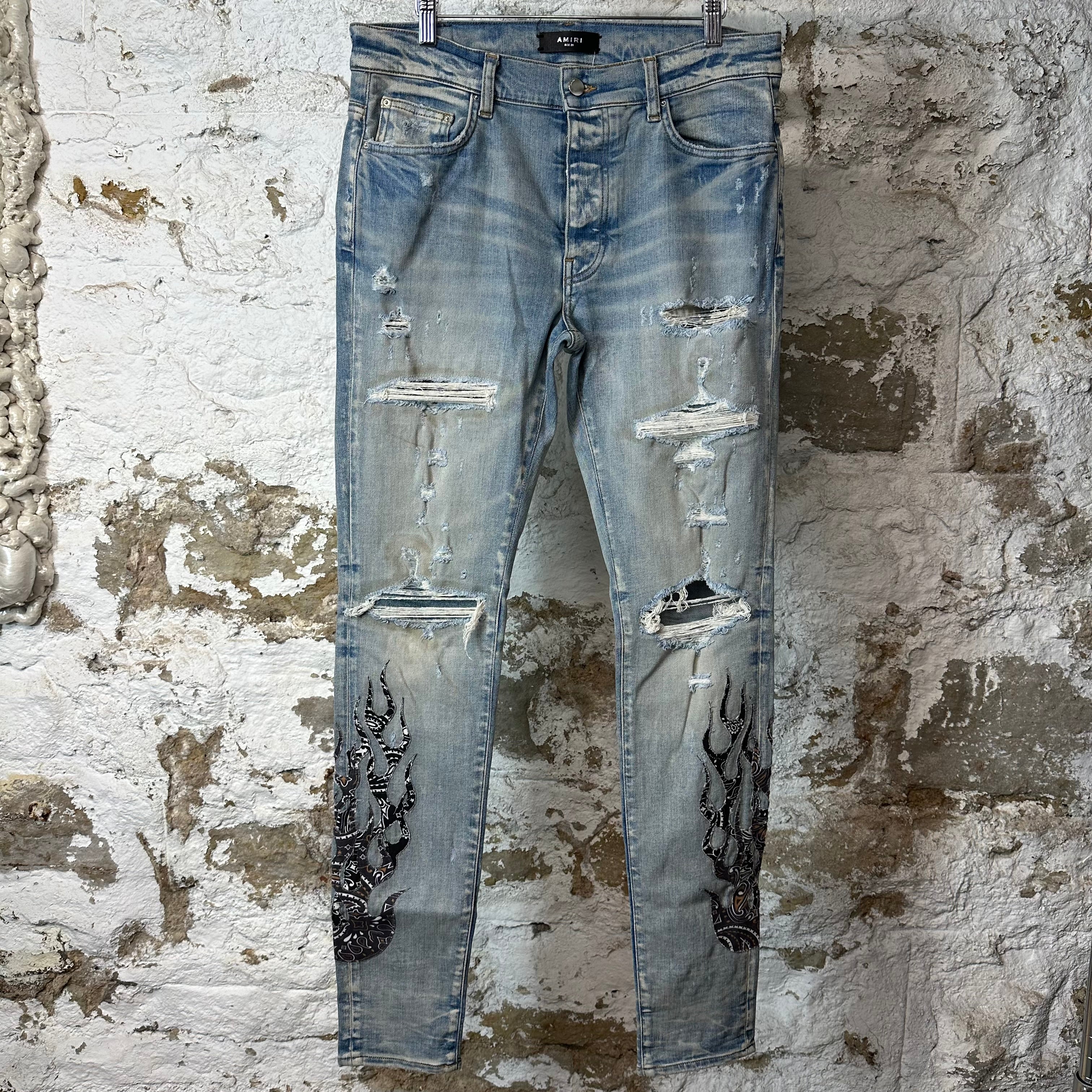 Amiri Black Brown Paisley Flame Blue Denim Jeans Sz 32