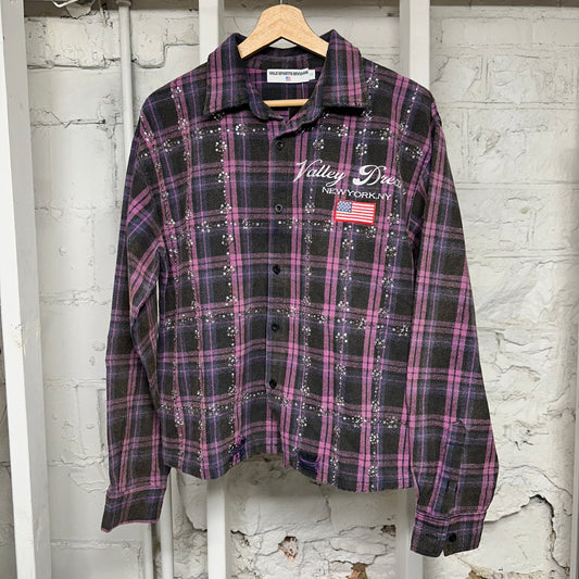 Vale Pink Purple Plaid Gems Flannel Sz S