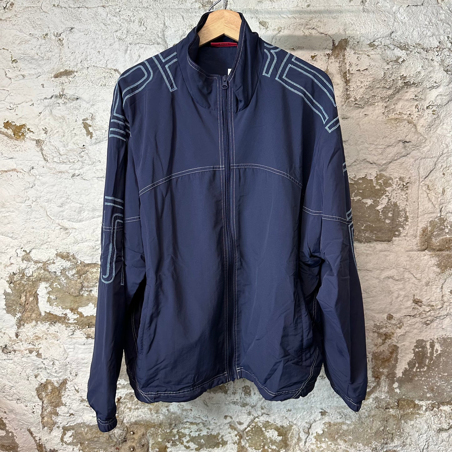 Supreme Embroidered Spellout Navy Track Jacket Sz L