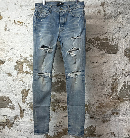 Amiri Plain Blue Distressed Denim Jeans Sz 32