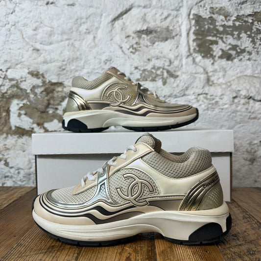 Chanel CC Ivory Silver Trainer Sneaker Sz 5.5 (37.5) No Box