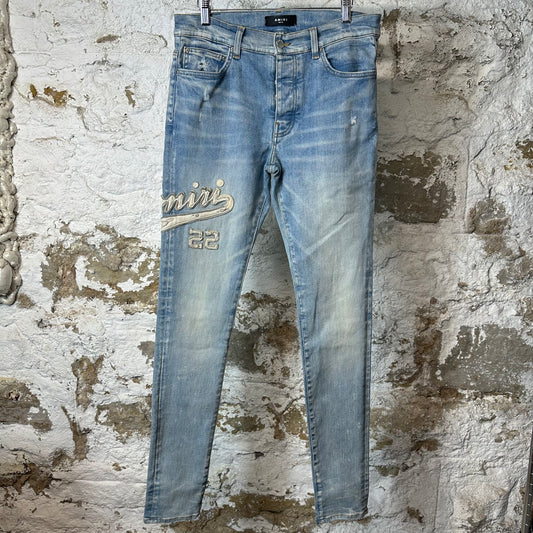 Amiri Varsity 22 Patch Blue Denim Jeans Sz 32