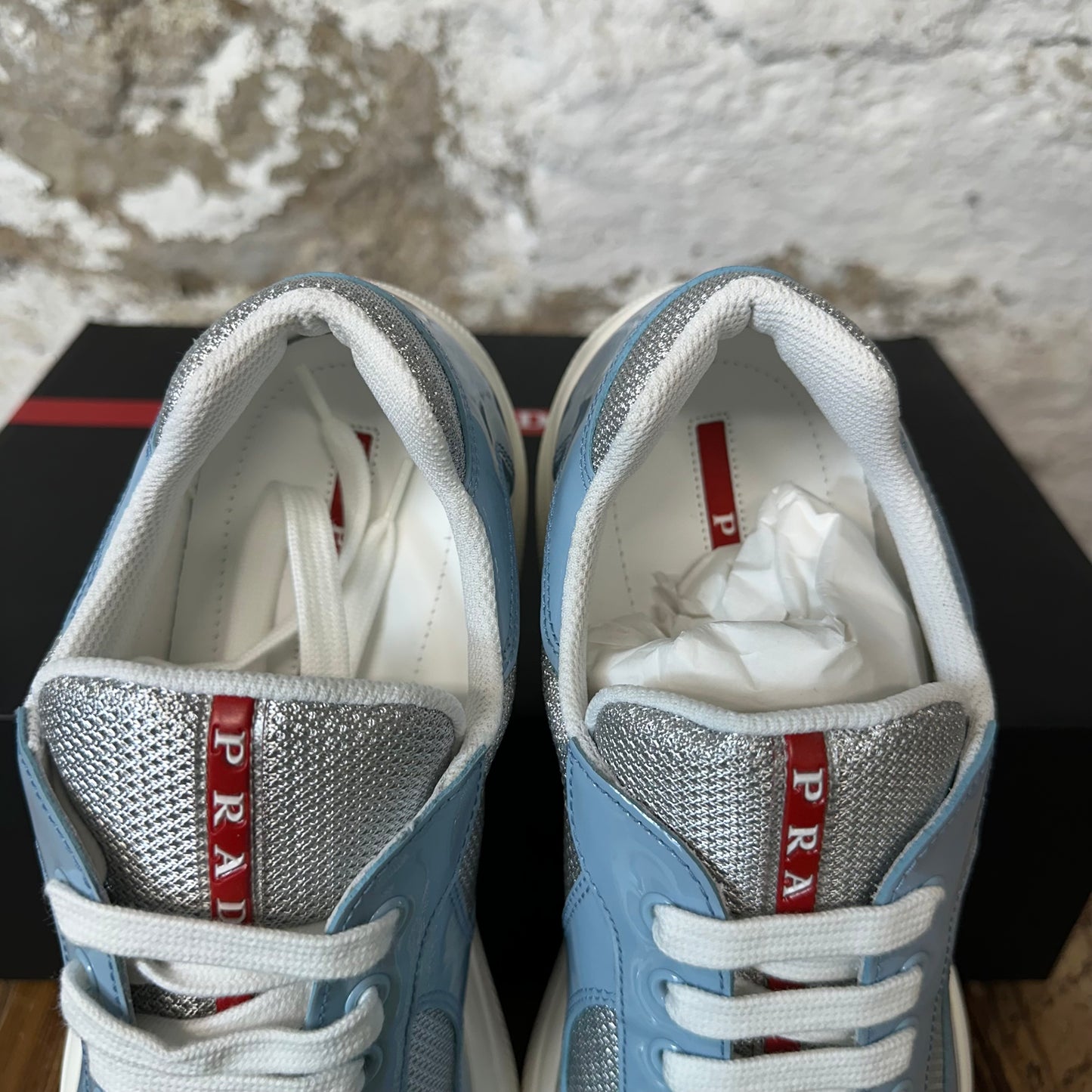 Prada Americas Cup Celeste Argento Patent Sneaker Sz 8 DS
