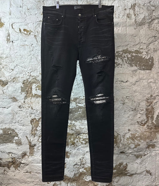 Amiri MX1 Black White Woven Black Denim Jeans Sz 36