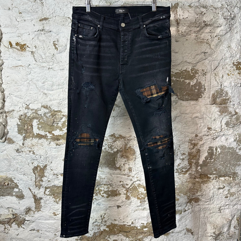 Amiri MX1 Brown Plaid Flannel Black Denim Jeans Sz 34
