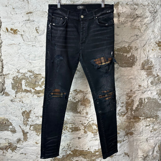 Amiri MX1 Brown Plaid Flannel Black Denim Jeans Sz 34