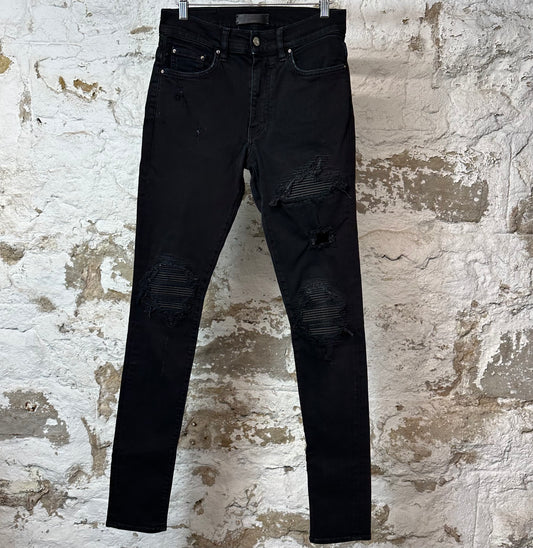 Amiri MX1 Black Leather Black Denim Jeans Sz 29