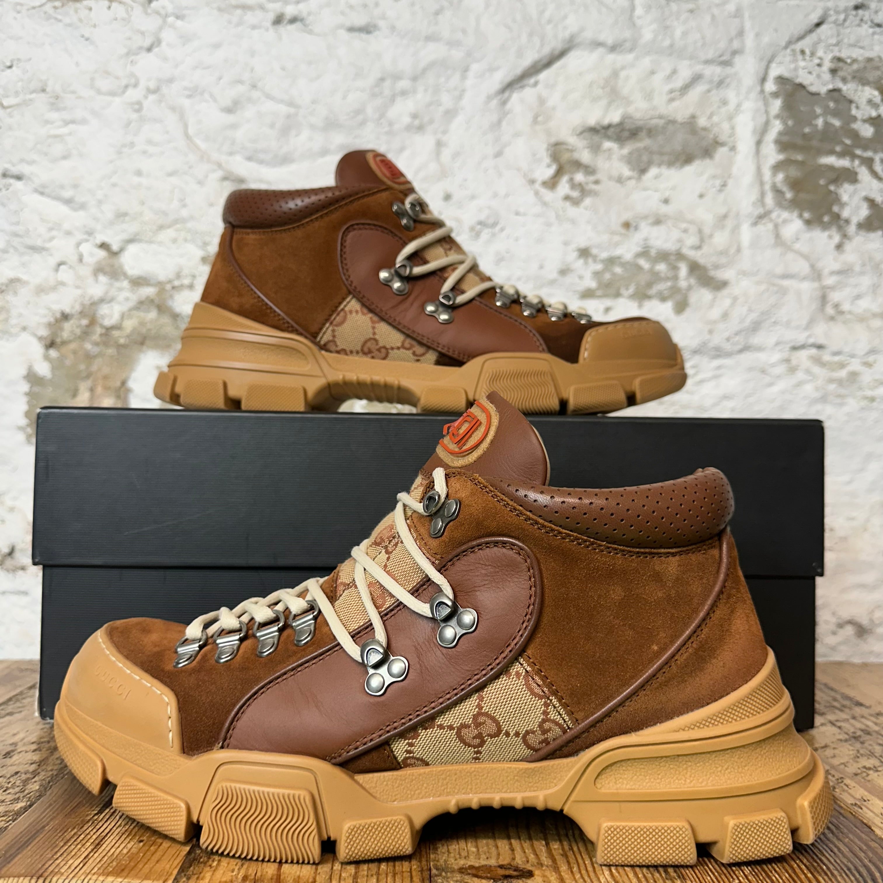 Gucci Flashtrek GG Monogram Brown Boot Sneaker Sz 9.5