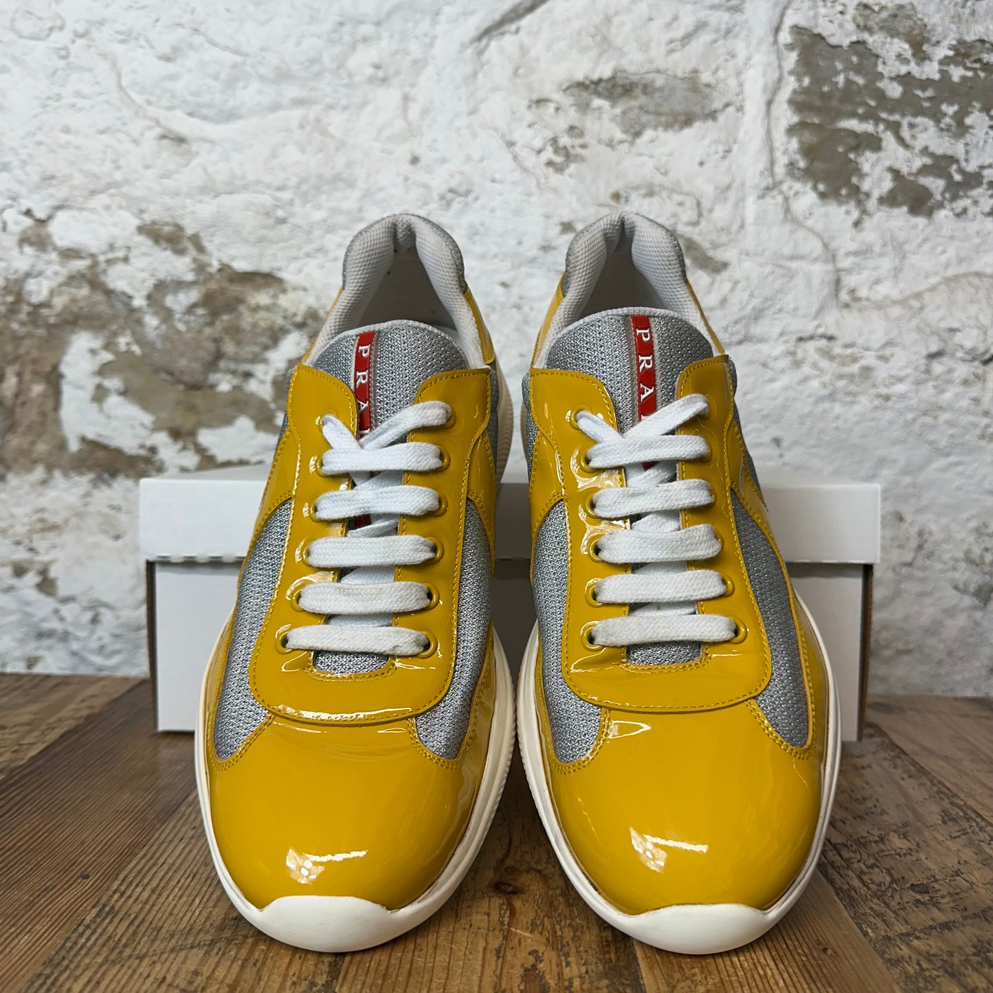 Prada Americas Cup Yellow Patent Gray White Sneaker Sz 9.5 No Box