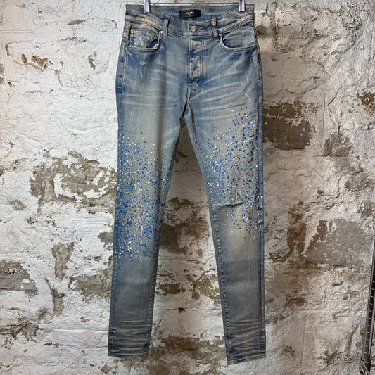 Amiri Knee Rip Crystal Paint Splatter Blue Denim Jeans Sz 30