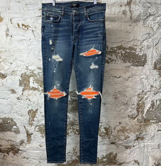 Amiri MX1 Orange Suede Dark Blue Denim Jeans Sz 33