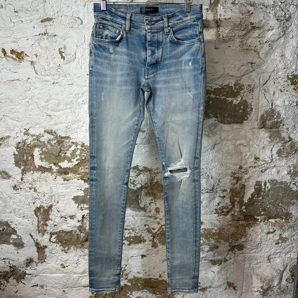 Amiri Knee Hole Plain Blue Denim Jeans Sz 28