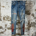 Amiri Red Orange Paisley Flame Blue Denim Jeans Sz 32